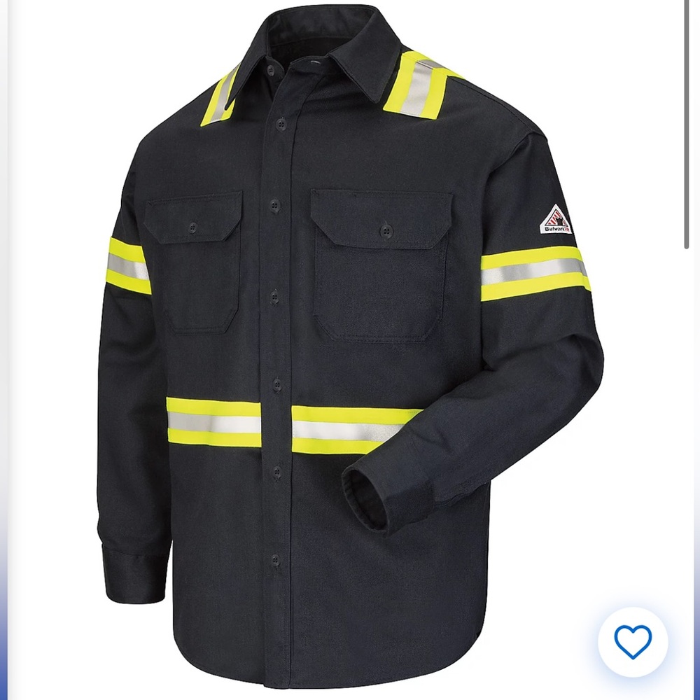 Bulwark Man Navy Blue Work Shirt with Reflective Stripes, Size Medium Regular